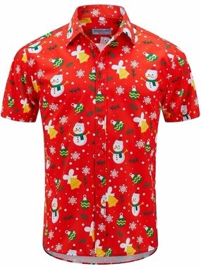 NWOT J&Dhuashua Red Snowman Short Sleeve Christmas Button Down - Size XL